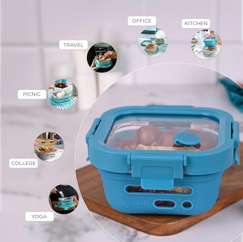 Image of GLASAFE Borosilicate Glass Lunch Box for Office w /t Air-Tight lid & Protective Silicone Sleeve | Tiffin Box for Men & Woman | Microwave & Dishwasher Safe | Leakproof Design | Set of 1-520ml,Blue
