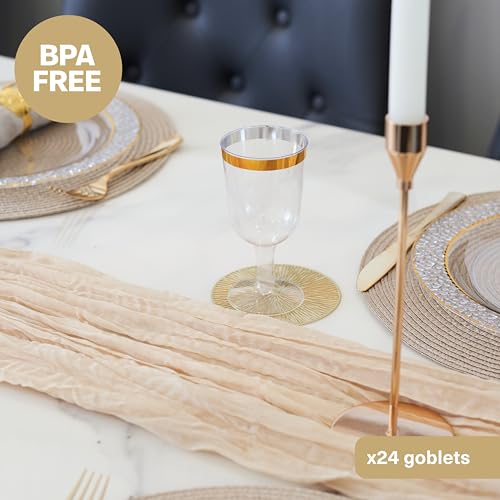 MATANA 24 eleganckie, przezroczyste kieliszki do wina z twardego plastiku ze złotą krawędzią (180 ml) – solidne i wielokrotnego użytku kieliszki na koktajle, deser, urodziny, wesela, Boże Narodzenie