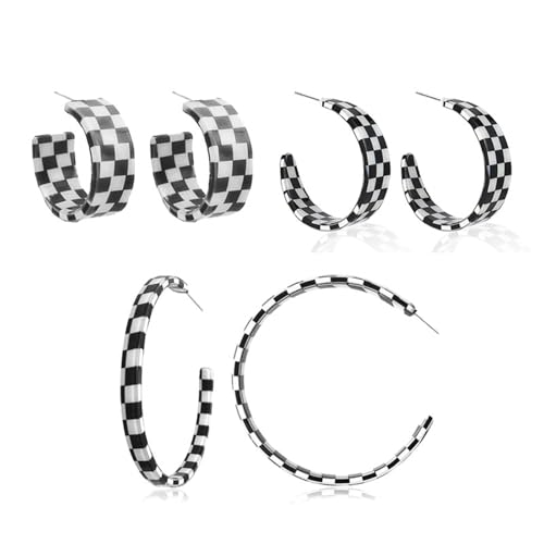 coadipress 3 Pairs Checkerboard Hoop Earrings for Women Minimalist C Shaped Checkered Earrings Chunky Simple Colorful Checker Black White Grid Earrrings Lightweight 70s 80s 90s Party Jewelry
