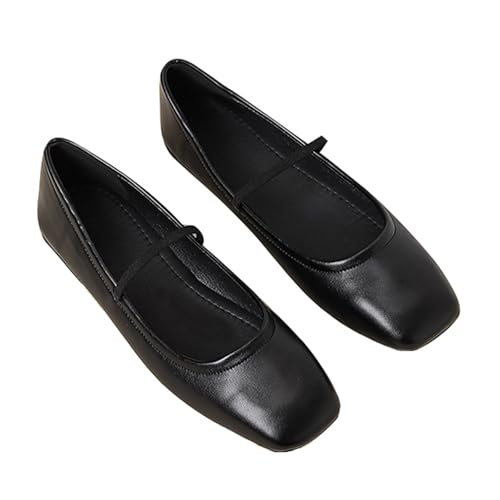 Women's Leather Mary Jane Flats Shoes Dressy Comfortable Square Toe Slip On Ballet Flat Causal Breathable Flat Walking Shoes