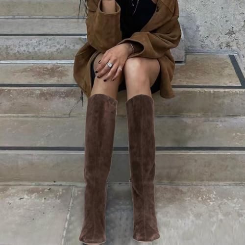 Agodor Women's Stiletto Knee High Boots Pointed Toe High Heel Faux Suede Leather Side Zipper Boots3
