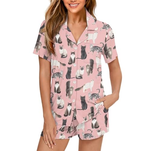 Image of Pjs Womens Short Sleeve Button Down Pajamas Set Two-Piece Nightwear with Pockets