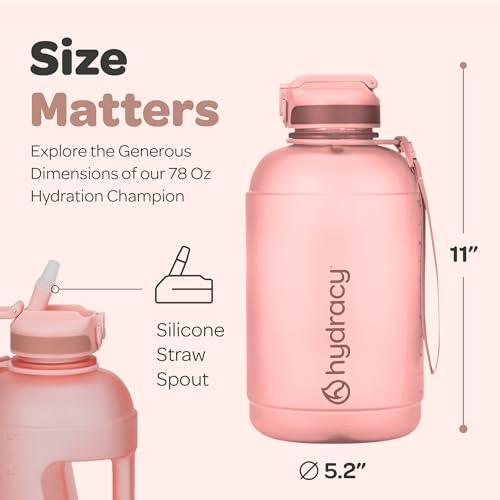 Image of Hydracy Water Bottle Storage Sleeve and Straw- Large Half Gallon 2.3 Litres BPA Free Motivational Time Marker -Leak Proof Gym -Ideal Fitness or Sports & s, Rose Gold Straw 78oz, 2.3L