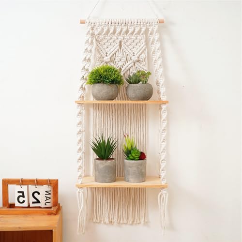 ETOFIXEE Estante Colgante de Pared de macramé Bohemio,Borla Tejida a Mano Estante Flotante,Estanteria Madera con Cuerdas Doble Capa para Decoración de Pared de Sala de Estar,Oficina,Dormitorio