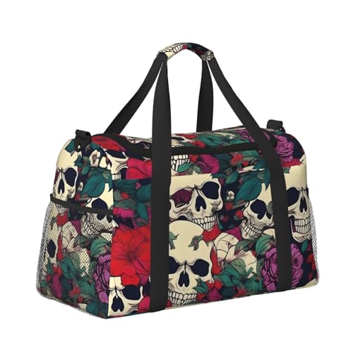 Floral Skulls Print Stylish Foldable Carry On Tote with Waterproof Zipper for Weekend Getaways Bag3