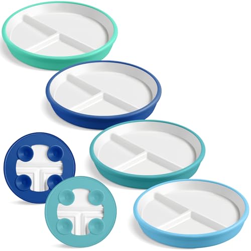 Image of Domensi 4 Sets 8 Inch Kids Porcelain Plates with Silicone Suction Sleeve Antislip White Ceramic Divided Toddler Plates Microwave Dishwasher Safe for Baby Children Feeding Supplies (Green,Blue)