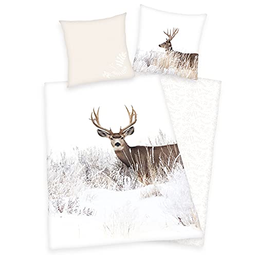 BaSaTex Feinbiber Winter Bettwäsche warme und kuschelige Bettgarnitur und Kissenbezug 135x200 + 80x80 cm | 100% Baumwolle | Alpin - Winterlandschaft - Weiß Rot Grün