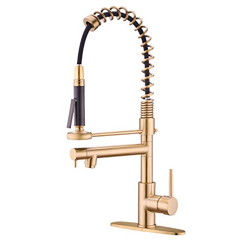 WENKEN Kitchen Faucet, Commercial Kitchen Faucet, 360 Degree Swivel High Arc Pre-Rinse Brass Kitchen Faucet with Deck Plate, Brushed Gold