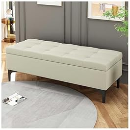 Modern Beige Storage Bench, Foldable Ottoman Footrest, Upholstered Pouf for Hallway, Bedroom & Living Room, 47x16x16in – Stylish & Functional Furniture