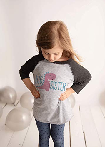 7 ate 9 Apparel Girl's Dinosaur Big Sister Grey Baseball Shirt T-Shirt2