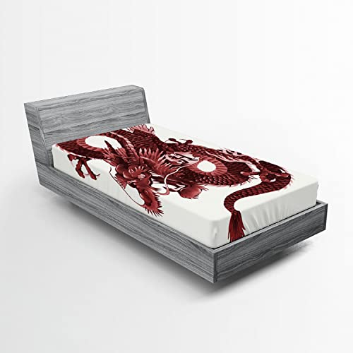 Ambesonne Dragon 2 Pack Fitted Sheet, Japanese Noble Monster, Bed Cover All-Round Elastic Deep Pockets 2 Pieces, Package Contains 2 Twin Size Fitted Sheets, Pink Burgundy