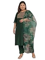 VredeVogel Women's Silk Blend Embroidered Plus Size Kurta with Pant & Organza Dupatta Set (Green_4XL)