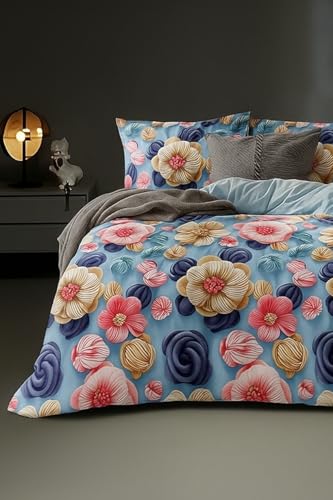 Image of DECOR2ADMIRE 300 TC Premium 7D Print Super King Size Cotton Bedsheet Set with 2 Pillow Covers | Ultra Soft 108 inch x 108 inch | Elegant Floral Designs (Blue Blooms)