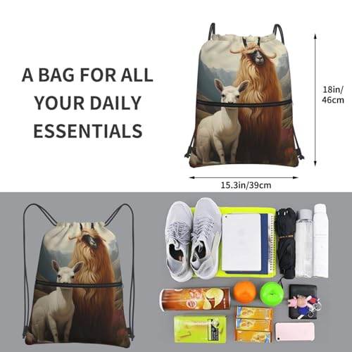 Alpacas And Tibetan Antelopes Printing Drawstring Zipper Backpack For Hiking Camping Yoga - Convenient Daily Carry4