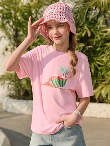 Image of Haloumoning Girls Short Sleeve T-Shirts | Kids, Summer,girls shirts,versized t shirts,Girls T-Shirts,Oversized Tops, Casual Crewneck, Basic Tees 5-14Y