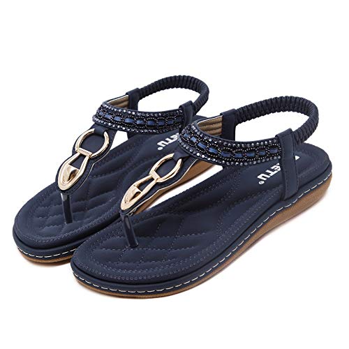 SHIBEVER Sandals for Women Ankle T-Strap Thong Flats Elastic Casual Bohemian Summer Beach Flip Flops Sandals Shoes Navy… - Image 3