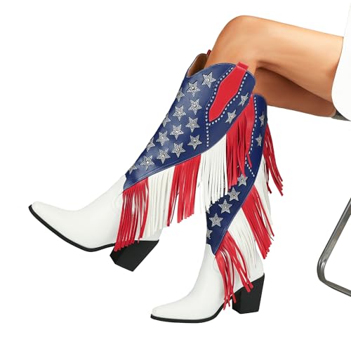 DETOGNI Women's Fringes American Flag Mid-Calf Western Boots Sparkling Stars Rhinestones Tassels Chunky Heels Cowboy Boots4