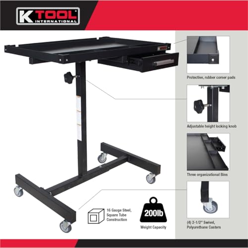 K Tool International 75107 Adjustable Tear Down Work Table with Drawer for Garages, Repair Shops, and DIY, Portable, (4) 2" Swivel Casters, 200 Pound Capacity, Rubber Corners, Heavy Duty Steel, Black