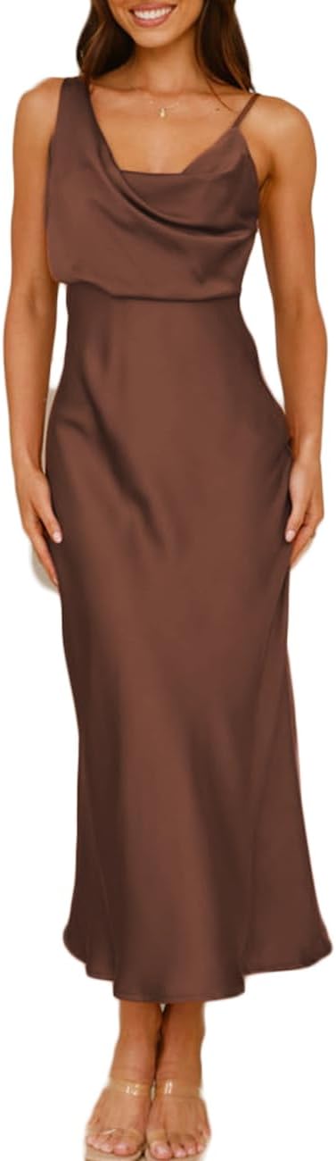 Summer Satin Cowl Neck Midi Dress for Women 2026 Elegant Formal Silk Spaghetti Strap Backless Wedding Guest Dresses