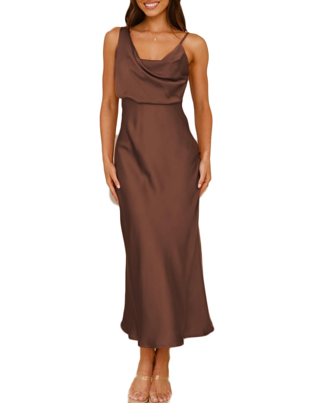 Summer Satin Cowl Neck Midi Dress for Women 2025 Elegant Formal Silk Spaghetti Strap Backless Wedding Guest Dresses, Brown, M