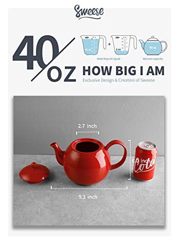 Sweese 220.104 Porcelain Teapot, 40 Ounce Tea Pot - Large Enough For 5 Cups, Red #TOP2