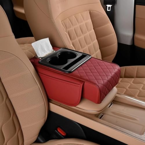 ‌Car Armrest Cushion 5-in-1 Center Console Cover for VW Polo 6 MK6 AW GTI 2018-2024, Multifunctional Organizer for Car Interior with Storage Box, Cup Holder & Phone Slot, Red
