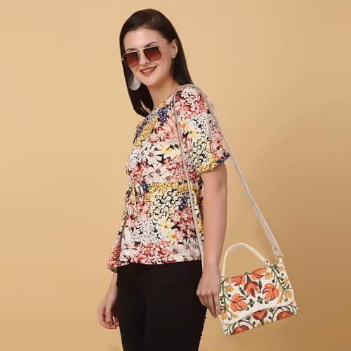 Image of Floral Embroidered Crossbody Sling Bag with Top Handle, Vintage Style Canvas for Women