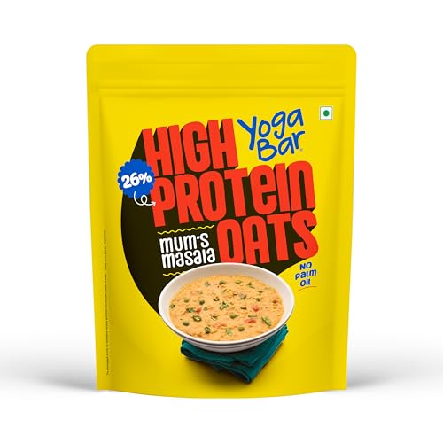 Yogabar 26g High Protein Oats 1kg , Mum's Masala - Breakfast Cereal with Wholegrains, 26% Protein & No Palm Oil - Oats High Protein for Gym - Premium Protein Blend with Whey Protein Powder - with Goodness of Chia, Sunflower & Pumpkin Seeds & Probiotics for Absorption