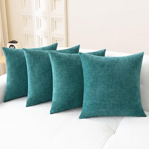 Image of CaliTime Throw Pillow Covers Decorative 18 X 18 Inches Pack of 4 Cozy Chenille Cushion Cases for Couch Sofa Bed Living Room Home Teal