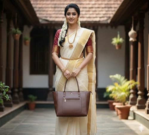 Image of tote bag for women office use - Brown Vegan Leather Tote Bag for Work-Office, Laptop 15-inch Fully Embossed Shoulder Handbag Stylish & Durable