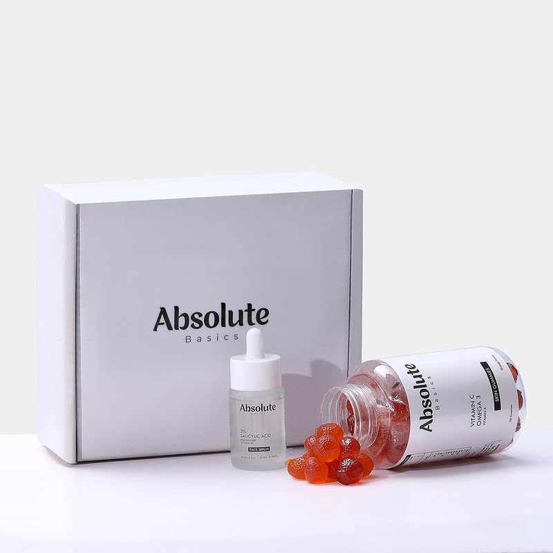 Absolute Basics 2% Salicylic Acid Face Serum For Exfoliates (30 ml) With Skin Gummies For Skin Health (30 Pieces) Serum For Acne, Controls Oil For Clear Skin And Gummies Nourished Skin with Vitamin C