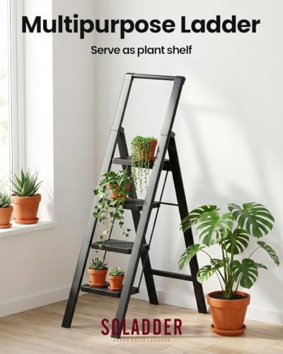 Image of SOLADDER 4 Step Ladder, Folding Step Stool, Lightweight Stepladder, Black | Reach 8ft;Anti-Slip 7.9'' Wide Pedal;Portable Handrail;Space-Saving;For Kitchen, Home, Library, Office Use;300lbs Capacity