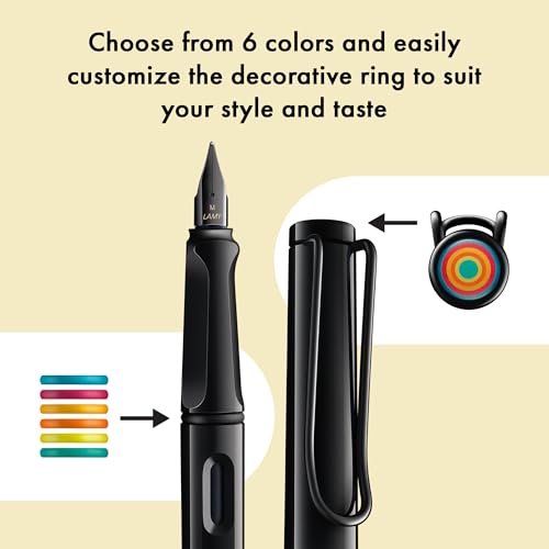 Image of Lamy safari multicolor Fountain Pen Set all black - Special Edition with 6 Interchangeable Colored Rings - Steel Nib in Width M - incl. blue Ink Cartridge T10 & Gift Box