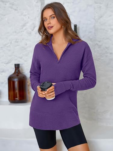 Image of PRETTYGARDEN Womens Long Sleeve Quarter Zip Pullover Sweater | Casual Loose V Neck Sweaters with Thumb Hole, Collared Ribbed Knit Jumper Tops, Oversized Tunic Tops, Fall Outfits 2026