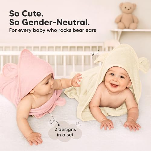 Image of KeaBabies 2-Pack Hooded Baby Towels for Newborn - 30x30 Soft & Absorbent Viscose From Bamboo Baby Bath Towels with Hood for Infant, Toddler,Kids,Boys Girls,Newborn Bath Essentials (Rose Ivory, Petite)