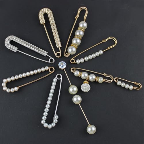 Image of 10 Crystal Waistband Pins Fashion Brooch Sweater Shawl Clips Retro Rhinestone Pearl Brooch Pins for Women Girls Costume Accessory