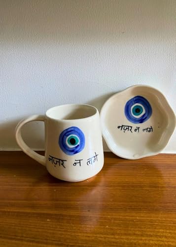 Image of WEAVING HOMES Handcrafted Ceramic Nazar Coffee Mugs and Dessert Plates for Gifting Man and Woman, Tea Cups and Saucers Set of 2 for Best Friend (300 Ml)