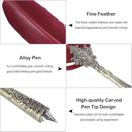 Image of UCRAVO Vintage Carving Feather Pen Set, Glittering Quill Set Antique Calligraphy Writing Dip with Ink, 2 Replacement Nibs, Stand Base, Luxury Signature