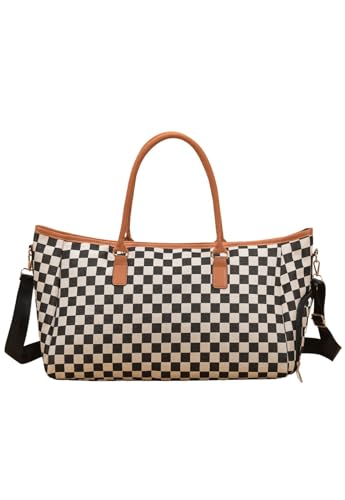 Mala de Mão e Bolsa Transversal Com Estampa Xadrez Caramelo