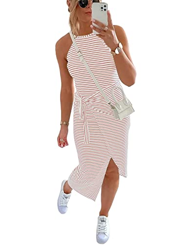 Image of NOLLSOM Women Casual Sleeveless Striped Tank Midi Dresses Halter Neck Ruched Bodycon Dresses Tie Waist T Shirt Summer Dress