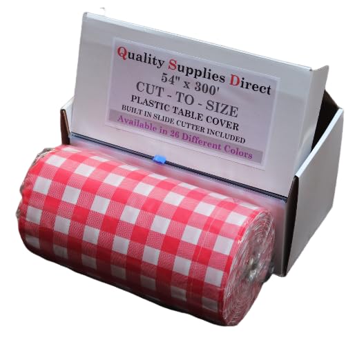 QSD RED Gingham Premium Banquet Tablecloth Roll 54" x 300' Feet Long with Built in Slide Cutter (26 Colors) Quality Supplies Direct (Extra Large Roll)