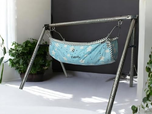 Image of Fabrify Baby Hammock Ghodiyu /Khoyu Soft Cotton Cloth Swing Cradle Safety with Mosquito Net Cover with Zipper (Sky Blue)