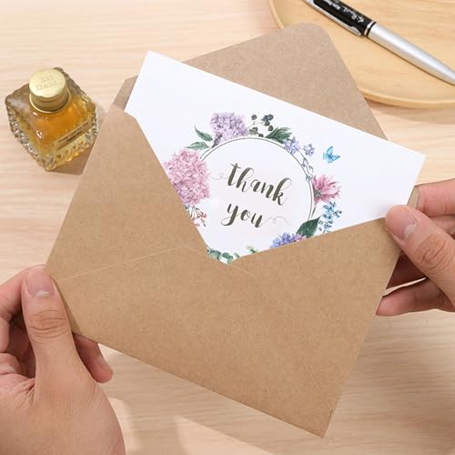 Conjunto de cartões de agradecimento e desejos de flores dobráveis de 25 psc, envelopes Kraft branco