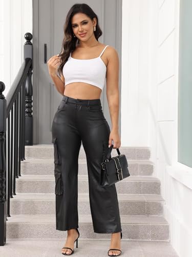 Ryehack Faux Leather Pants for Women Y2K High Waisted Wide Leg Cargo Pants PU Trousers with Pockets3