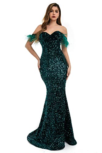 Sequins Velvet Mermaid Prom Dress Off Shoulder Feather Sleeves Sweetheart Neckline Evening Dress2