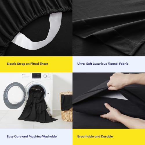Image of Flannel Sheets Warm and Cozy Deep Pocket Breathable All Season Bedding Set with Fitted, Flat and Pillowcases, Queen, Black