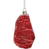 Christbaumschmuck Glas 12cm - Grill Steak Figur zum Aufhängen - handbemalt & mit Glitzer - Weihnachtsbaum Anhänger für Weihnachten - Christbaumanhänger & Weihnachtsbaumschmuck - Barbecue Fleisch Rot