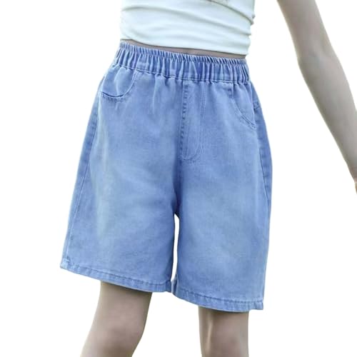 16-17 Years Girls Bermuda Jeans Shorts with Flower Embroidery Pockets Cute Summer Trendy Fashion Denim Shorty Casual Loose Clothes Jorts Blue