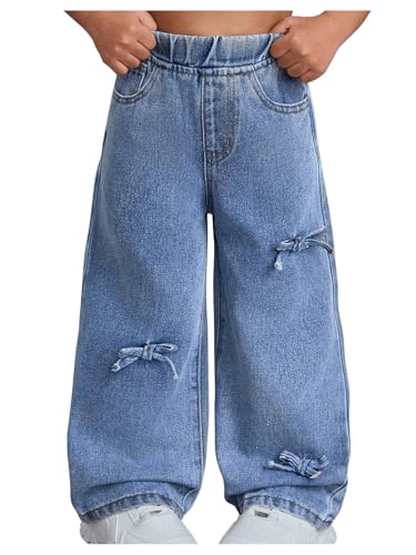 WDIRARA Girls' Bow Decor High Waisted Jeans Straight Leg Elastic Casual Denim Long Pants