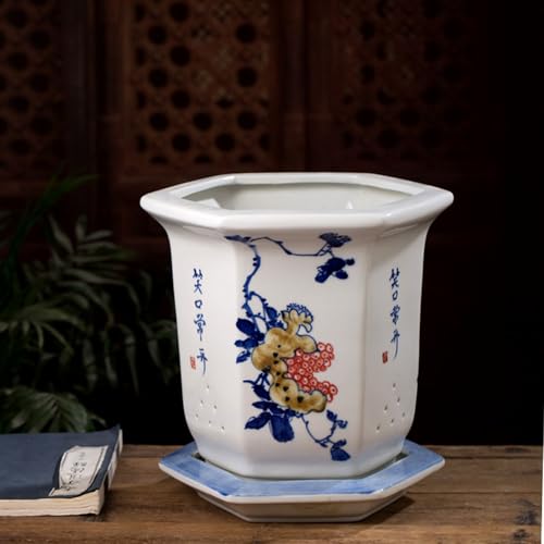青と白のセラミックプランター 1セット 中国製セラミック植木鉢 装飾多肉植物ポット トレイ付き 屋内屋外デスクトップガーデンバルコニー用 C